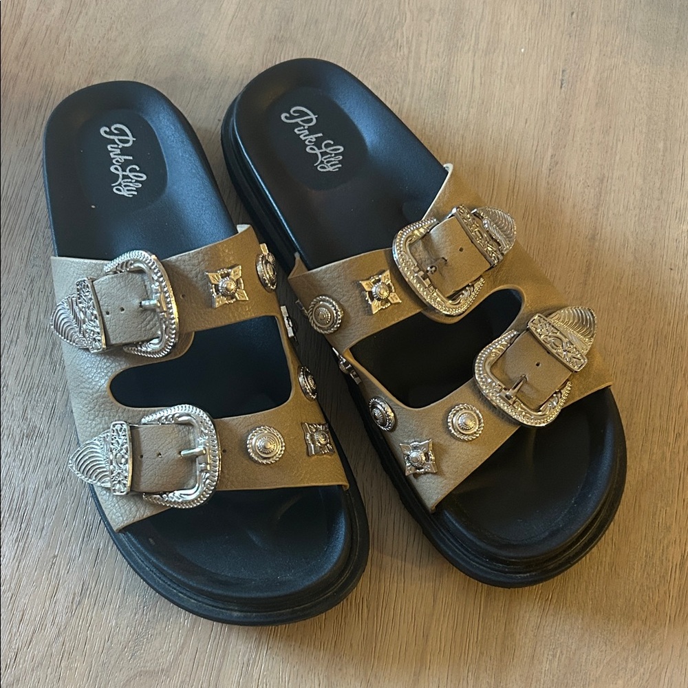 Pink Lily Tan Sandals with Silver Buckles